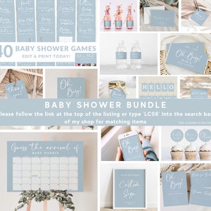 May include: A collection of printable baby shower games in a blue and white color scheme. The games include "Guess the Baby Food", "Baby Bingo", "What's That Celebrity", "Guess How Old", "Time Capsule", "Going to the Baby Food", "Guess the Arrival of Baby Harris", "Oh Boy!" and "Books for Baby".