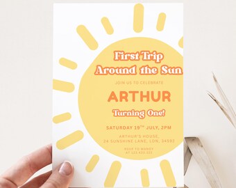First Trip Around The Sun Birthday Invitation, Editable Sun Birthday Invite, Boho Sunshine Evite, Canva Template, INSTANT DOWNLOAD #LE13