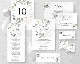 Greenery Wedding Bundle Template Set, Printable Boho Wedding Invitation Bundle, DIGITAL DOWNLOAD #N01