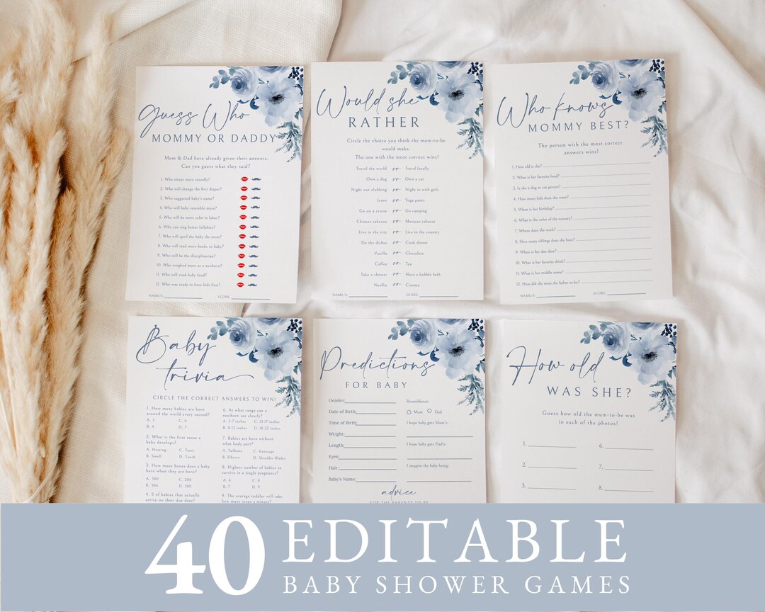 Blue Floral Baby Shower Games Bundle, Boy Baby Shower Game Cards ...