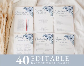 Puede incluir: Un conjunto de 6 tarjetas de juego de baby shower imprimibles con un diseño floral azul. Los juegos incluyen "Adivina quién: Mamá o Papá", "¿Preferiría ella?", "¿Quién conoce mejor a mamá?", "Trivia del bebé", "Predicciones para el bebé" y "¿Qué edad tenía ella?"