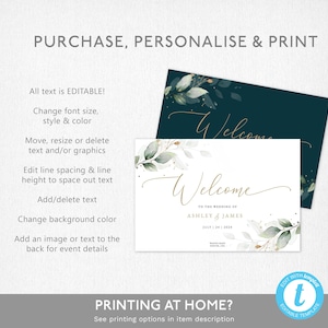 K&ouml;nnte beinhalten: Editierbare Willkommens-Tafel f&uuml;r Hochzeiten mit einem Aquarell-Design in Gr&uuml;n und Gold. Der Text lautet "Willkommen zur Hochzeit von Ashley & James am 24. Juli 2024".