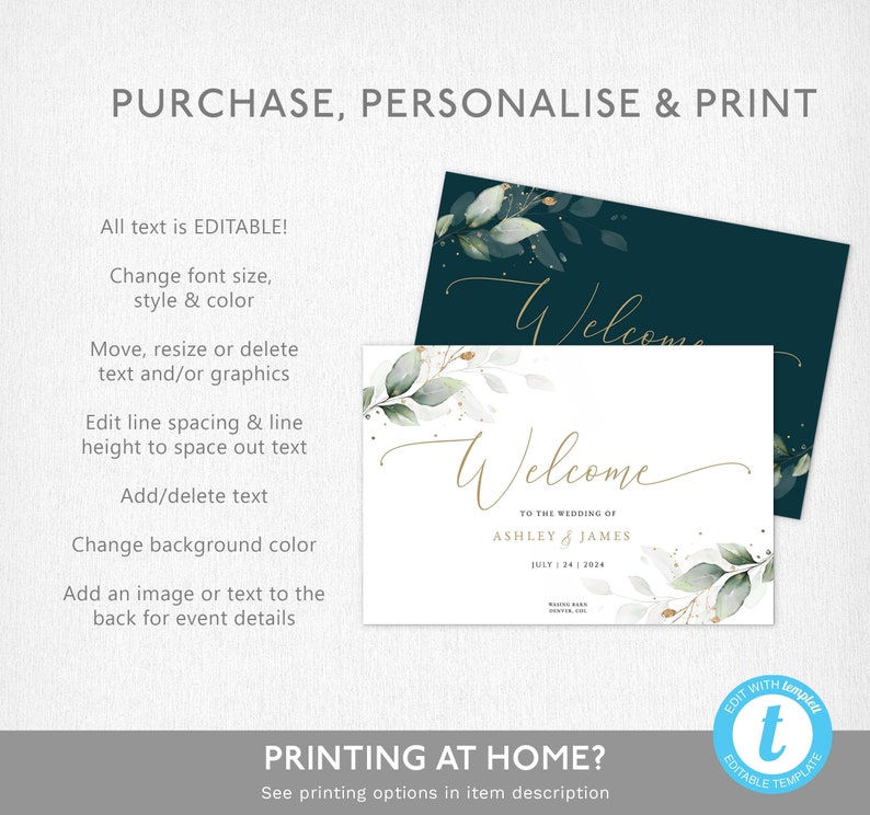 K&ouml;nnte beinhalten: Editierbare Willkommens-Tafel f&uuml;r Hochzeiten mit einem Aquarell-Design in Gr&uuml;n und Gold. Der Text lautet "Willkommen zur Hochzeit von Ashley & James am 24. Juli 2024".