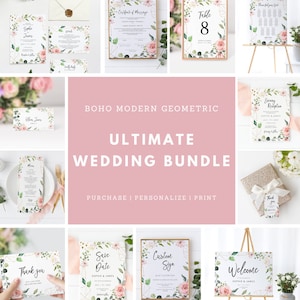 Boho Floral Wedding Bundle Template Set, Printable Large Wedding Invitation Bundle, Modern Geometric Wedding Bundle, INSTANT DOWNLOAD #I01