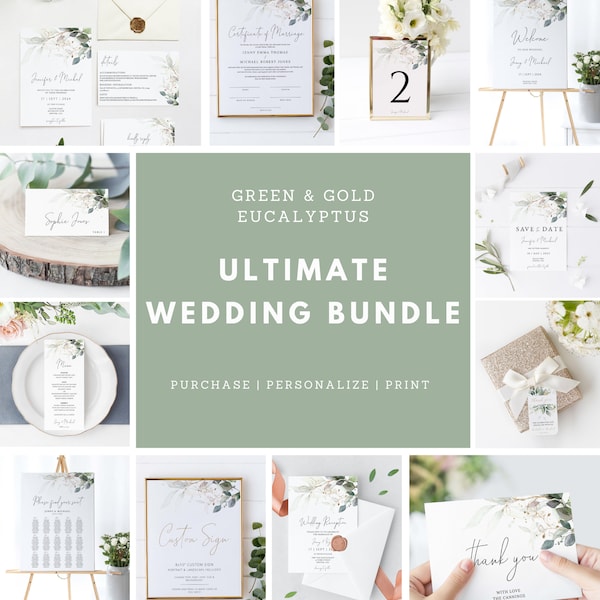Large Greenery Wedding Bundle Template Set, Printable Boho Wedding Invitation Bundle, Eucalyptus Wedding Bundle, INSTANT DOWNLOAD #N05 KATE