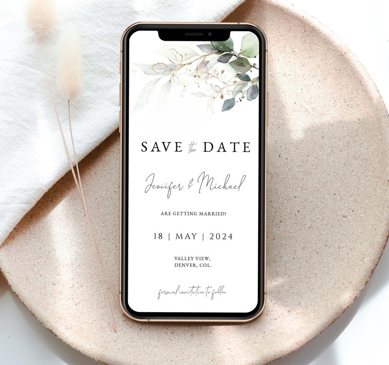 Electronic Save The Date Invite, Eucalyptus Save The Date Phone Template, Greenery Wedding Save The Date Text, DIGITAL DOWNLOAD N05 KATE image 1