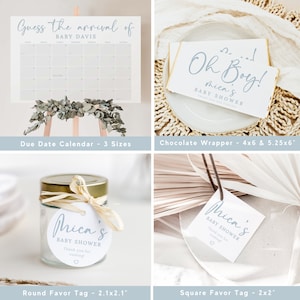 May include: A set of baby shower party decorations featuring a calendar, chocolate bar wrapper, and two favor tags. The calendar is white with blue text and says "Guess the arrival of Baby Davis". The chocolate bar wrapper is white with blue text and says "Oh Boy! Mica's Baby Shower". The favor tags are white with blue text and say "Mica's Baby Shower" and "Thank you for coming!"