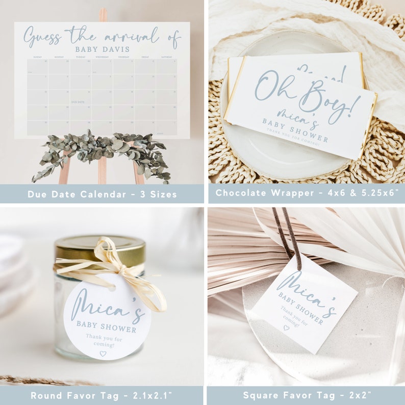 May include: A set of baby shower party decorations featuring a calendar, chocolate bar wrapper, and two favor tags. The calendar is white with blue text and says "Guess the arrival of Baby Davis". The chocolate bar wrapper is white with blue text and says "Oh Boy! Mica's Baby Shower". The favor tags are white with blue text and say "Mica's Baby Shower" and "Thank you for coming!"