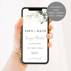 Puede incluir: Una tarjeta digital de guardar la fecha con un dise&ntilde;o floral verde y dorado. El texto dice "Save the Date, Jenifer & Michael se casan! 18 de mayo de 2024, Valley View, Denver, Col. Invitaci&oacute;n formal a seguir."