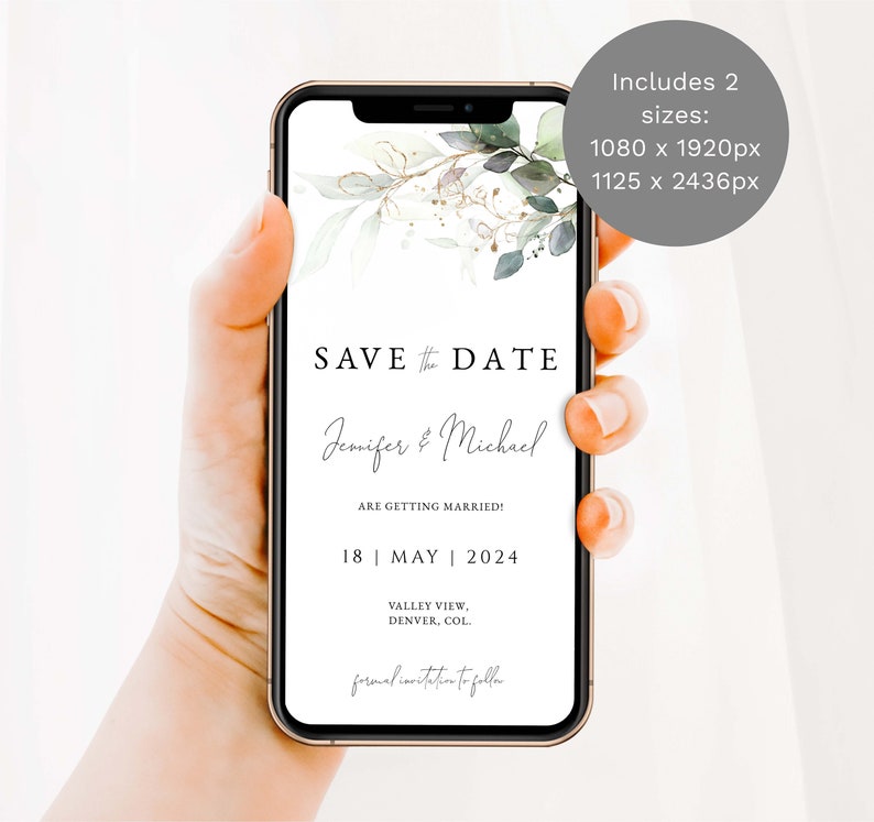 Puede incluir: Una tarjeta digital de guardar la fecha con un dise&ntilde;o floral verde y dorado. El texto dice "Save the Date, Jenifer & Michael se casan! 18 de mayo de 2024, Valley View, Denver, Col. Invitaci&oacute;n formal a seguir."