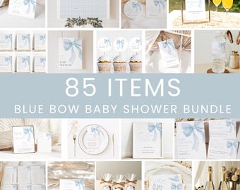 Blue Bow Baby Shower Bundle, Blue Bow Editable Invitation, Blue Bow Baby Shower Games, Blue Coquette Bow Baby Shower Printable Decor #LC43