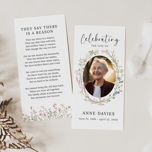 May include: Two memorial cards. One features a poem titled "They Say There Is A Reason". The other card says "Celebrating The Life of Anne Davies" with a photo and dates.