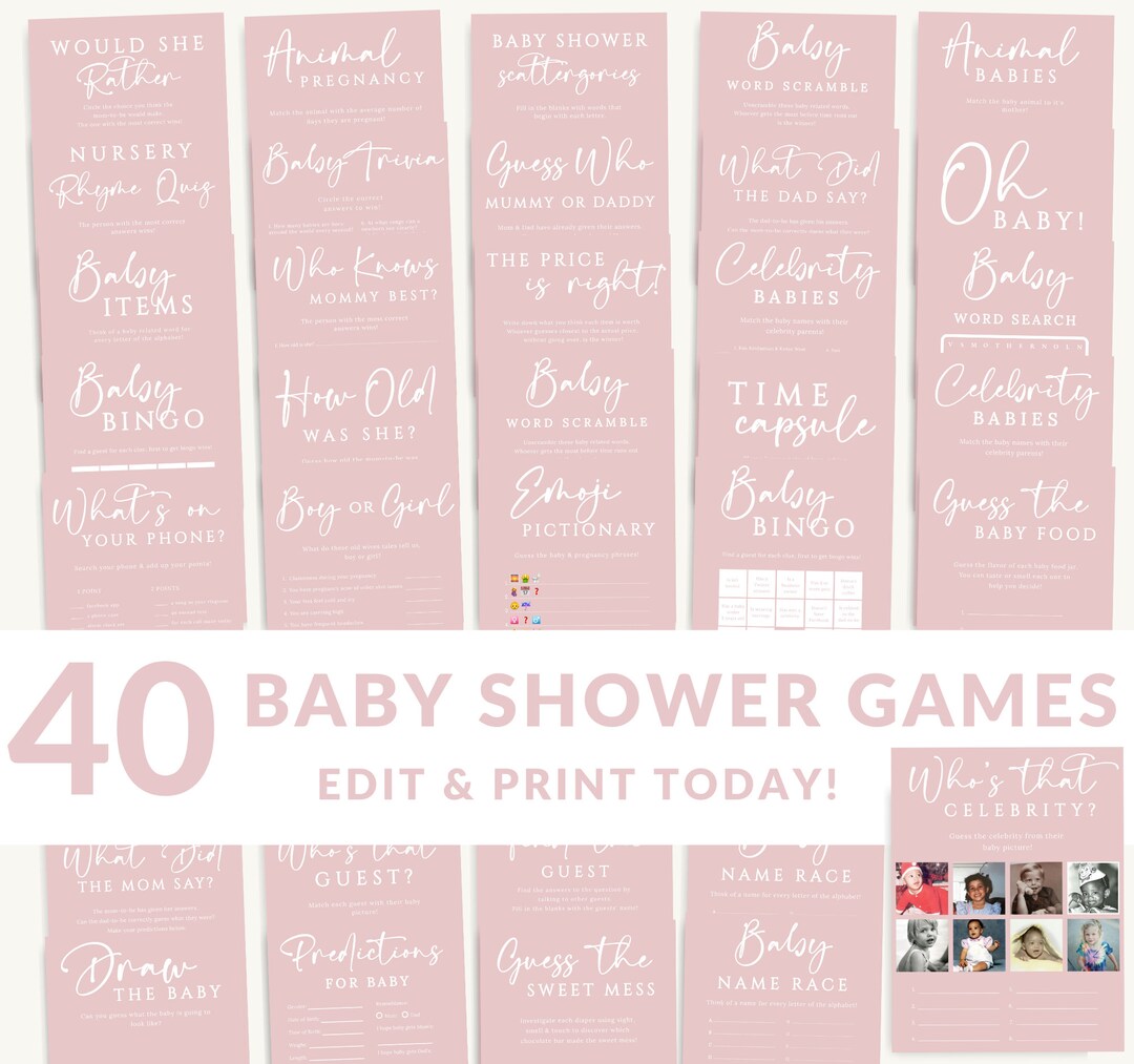 Dusty Pink Baby Shower Games Bundle Editable & Printable Games Instant ...