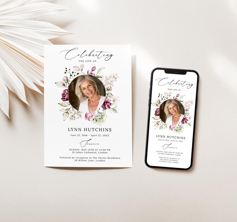 Spring Floral Funeral Invitation Template, Celebration of Life Evite & 5x7 Canva Invite, Editable Memorial Announcement image 2