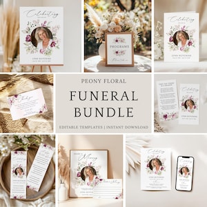 May include: A collection of peony floral funeral templates, including a large sign, programs, memorial cards, and a thank you card. The designs feature a photo of a woman surrounded by a floral wreath, with text that reads "Celebrating the Life of..." and "Share a Memory."