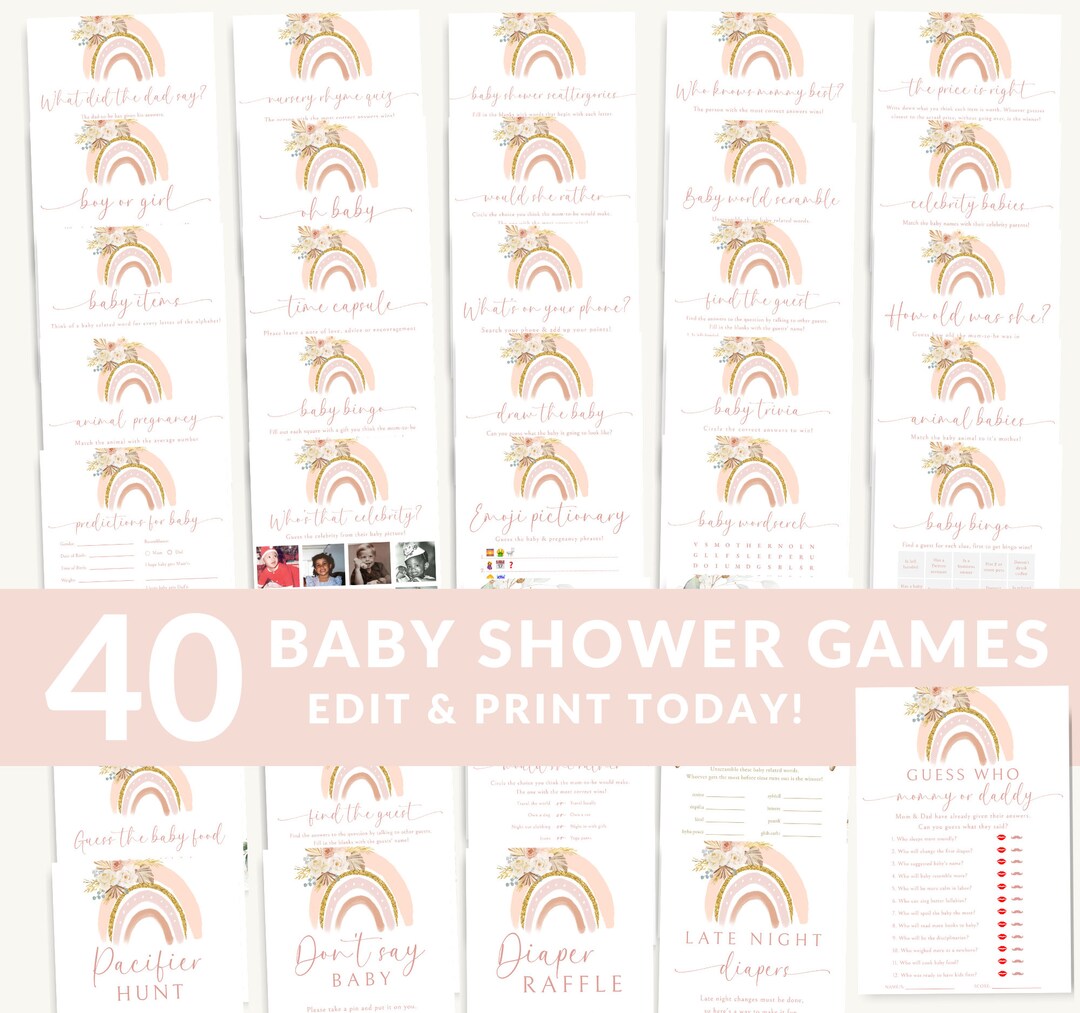 Boho Rainbow Baby Shower Games Bundle Pink Pampas Grass Editable Games ...