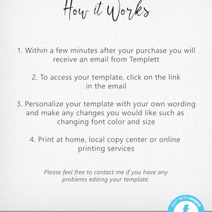 May include: How it Works: A white background with black text explaining how to use a digital template. The text includes instructions on how to access, personalize, and print the template. The text also includes a call to action to try the template before purchasing. The image also includes a logo with the text "EDIT WITH Templett" and a letter "t" in a circle.