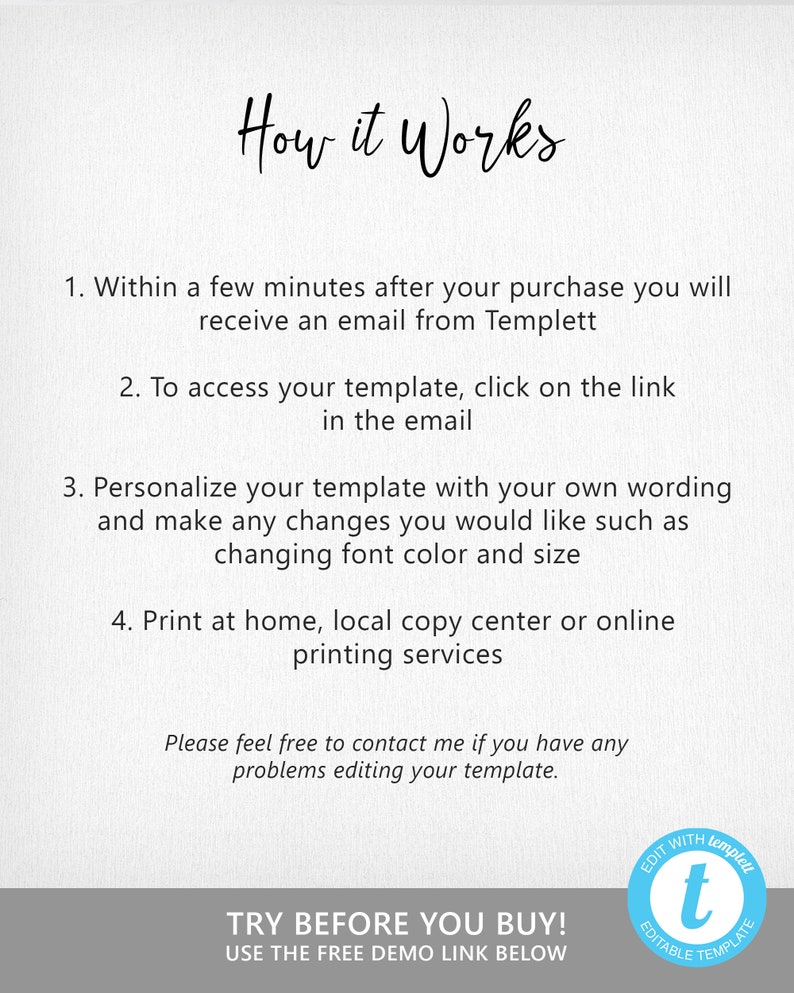 May include: How it Works: A white background with black text explaining how to use a digital template. The text includes instructions on how to access, personalize, and print the template. The text also includes a call to action to try the template before purchasing. The image also includes a logo with the text "EDIT WITH Templett" and a letter "t" in a circle.