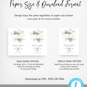 May include: Save the Date wedding invitation template with a green and gold floral design. The template is available in two formats: a single page option and a save paper option. The save paper option is ideal for printing at home or at a local print shop. The single page option is ideal for printing on pre-cut cards, online print vendors, or professional printers. The template is available for download as a PDF, JPEG, or PNG file. The text on the template reads "Save the Date" and "Emily & Jacob are getting married" with the date "July 24, 2024".