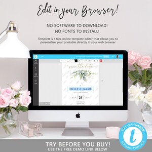 May include: A computer screen displaying a save the date template with a watercolor background of green leaves and a blue and gold text box. The text reads "Save the Date" in gold script, "Emily & Jacob" in blue, and "July 24, 2024" in black. The text "Try Before You Buy! Use the Free Demo Link Below" is displayed below the computer screen.