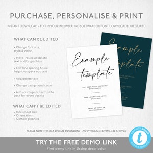 May include: Editable template for a wedding invitation or announcement. The template is white with black text and a gold line. The text says "Example Template" and includes instructions for editing and printing the template. The template is shown next to a dark green sample template with gold text that says "Sample Template".
