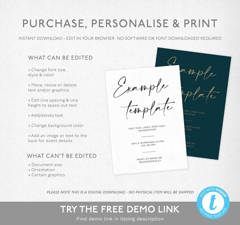 May include: Editable template for a wedding invitation or announcement. The template is white with black text and a gold line. The text says "Example Template" and includes instructions for editing and printing the template. The template is shown next to a dark green sample template with gold text that says "Sample Template".