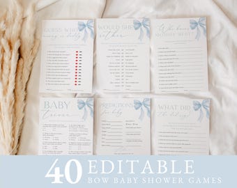 Blue Bow Baby Shower Games Bundle| Blue Bow Boy Baby Shower Game Cards | Editable & Printable Games Templates | INSTANT DOWNLOAD #LC43