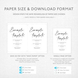 May include: A graphic showing two different ways to save a printable template. The first option is to save as a PDF with "Save Paper" option, which includes bleed and trim marks. The second option is to save as a single page PDF. The text in the image reads: "Save as PDF with "Save Paper" option", "US letter (8.5 x 11) & A4 (UK/AUS)", "Easy cutting with bleed + trim marks", "Ideal for printing at home", "Show bleed", "Show Trim Marks", "Save Paper", "Single Page Option", "For printing on a single pre-cut paper or print shops. Ask your print shop what they require. Most request PDF with bleed.", "Show bleed", "Show Trim Marks", "Save Paper".