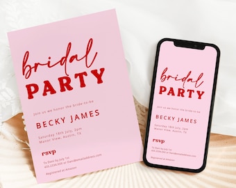 Retro Pink Bridal Shower Invite Template, Modern Bridal Party Invite, Bridal Shower Digital Evite, Hen Party Invite, INSTANT DOWNLOAD #CJ8