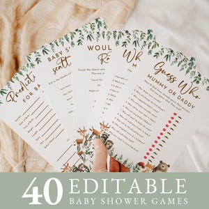 Woodland Baby Shower Games Bundle, Forest Animals Baby Shower Bundle Pack, Editable Gender Neutral Baby Game Cards, INSTANT DOWNLOAD #B2