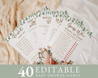Woodland Baby Shower Games Bundle, Forest Animals Baby Shower Bundle Pack, Editable Gender Neutral Baby Game Cards, INSTANT DOWNLOAD #B2