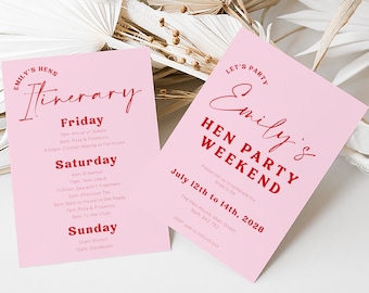 Retro Hen Party Weekend Invite, Modern Hen Weekend Invitation, Retro Pink & Red Hen Party Invite, Editable Template, INSTANT DOWNLOAD #CJ7