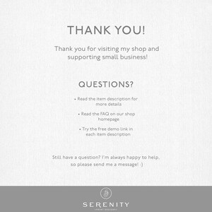 May include: A white background with the text "THANK YOU!" and "QUESTIONS?" in a dark gray font. The text encourages customers to read the item description, FAQ, and demo link. The shop logo is at the bottom.
