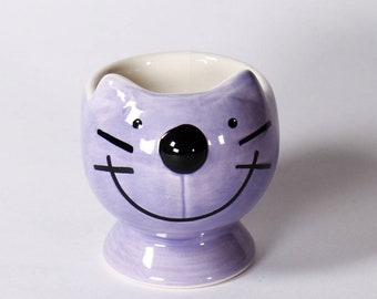 Hand Painted Ceramic Purple Cat Egg Cups Breakfast Serving Gift Easter Egg