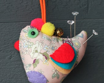 Handmade Pink Fabric Bird Pincushion Hanging Textile Decor Gift