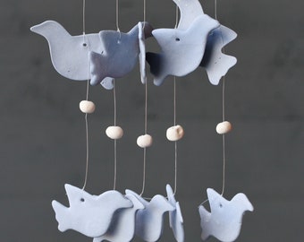 Handmade Ceramic Wind chime Blue Birds Pastel Garden Hanging Ornament Beautiful Sounds