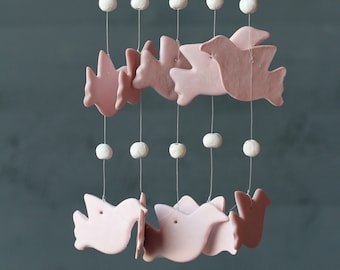 Handmade Pink Ceramic Bird Wind Chime – Garden Hanging Mobile Ornament