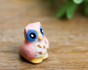 Handmade Miniature Ceramic Owl Figurine: Pink Pottery Ornament