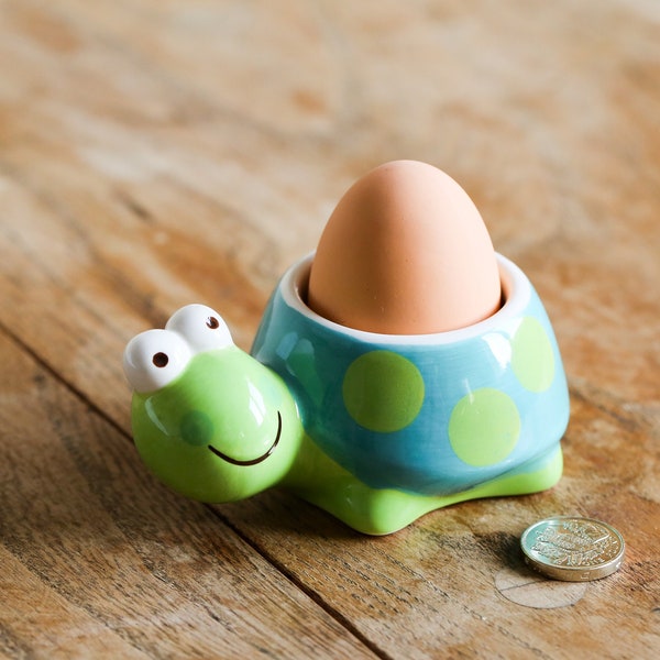 Handmålade keramiska gröna och blå sköldpaddsäggkoppar frukostservering present påskägg