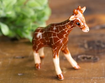 Handmade Ceramic Mini Giraffe Brown Animal Figure Doll Ornaments Collectable Pottery Gift
