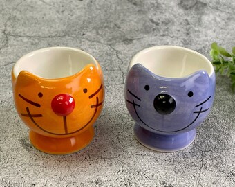 Hand Painted Ceramic Orange / Purple Cat Egg Cups Breakfast Serving Gift Easter Egg