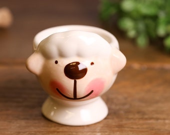 Handmade Ceramic White Sheep Egg Cups Breakfast Serving Hand Painted