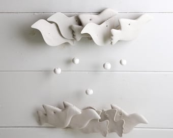 White Ceramic Bird Wind Chime, Handmade Garden Hanging Decor, Delicate Tinkling Sound