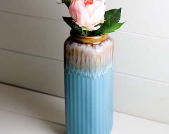 Handmade Light Blue Ceramic Vase, Rustic Glazed Flower Vase, Small Home Decor
