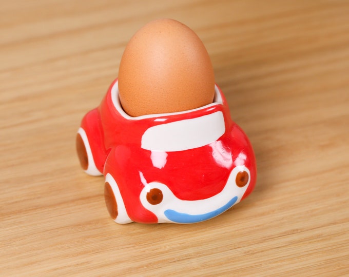 Red Hand-painted Cute Retro Style Ceramic Car Egg Cup Holder Stoneware Gift Breakfast