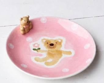 Grade B Pink Bear Ceramic Snack Plate Hand Painted Gift