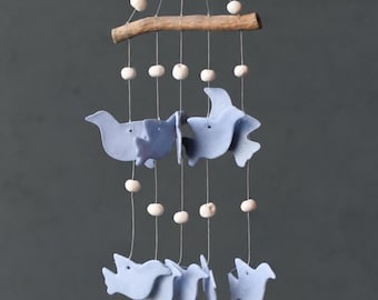 Handmade Ceramic Blue Bird Wind Chime, Unglazed Garden Ornament