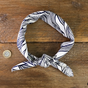 Handmade Cotton Feather Bandana: White & Navy Retro Headband Scarf