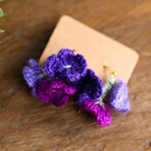 Handmade Earrings Hand Crocheted Drop Earrings Dangle Purple Hydrangea Flower Earrings