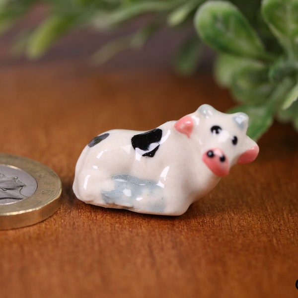 Hand Painted Tiny White Ceramic Cow Cute Figurine Animals Miniature Outdoor Gift